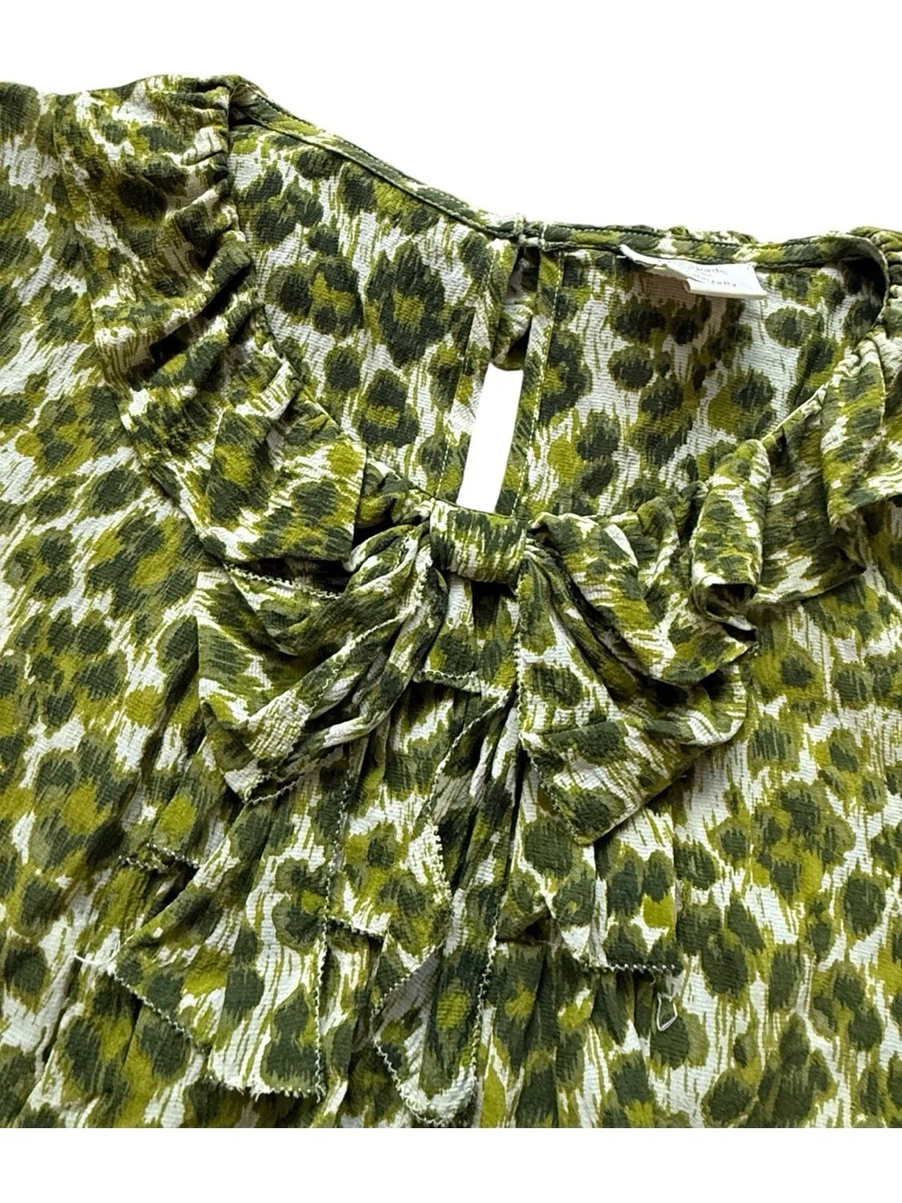 Kate Spade Silk Wool Leopard Print Ruffle Blouse Green Bow Top M Office Chic